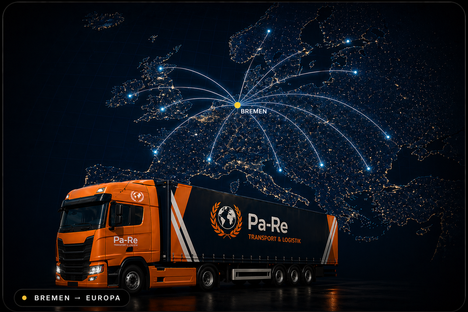 Pa-Re Transport LKW vor Europakarte mit Bremen als zentralem Hauptsitz und Routen in ganz Europa